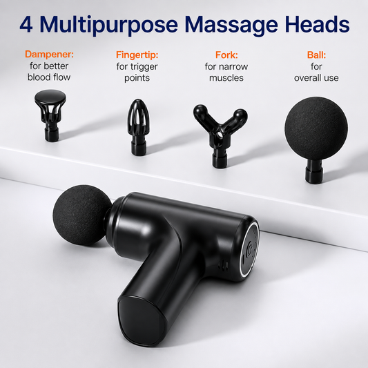 Charge Go Deep Tissue Massage Gun | 4 Massage Heads, 6 Speed Levels & Type-C Charging ZAVION