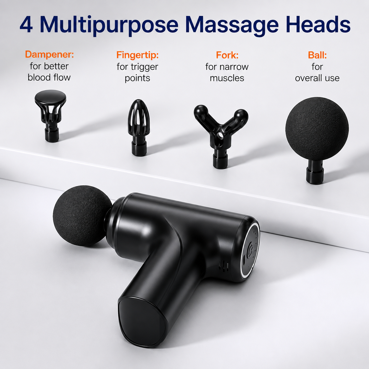 Charge Go Deep Tissue Massage Gun | 4 Massage Heads, 6 Speed Levels & Type-C Charging ZAVION