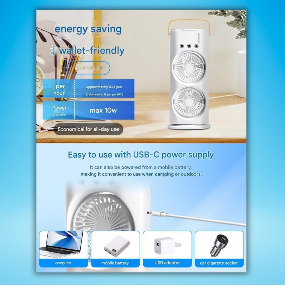 Mini Air Cooler Fan with Double Mist Spray | USB Rechargeable Portable Cooling Fan ZAVION