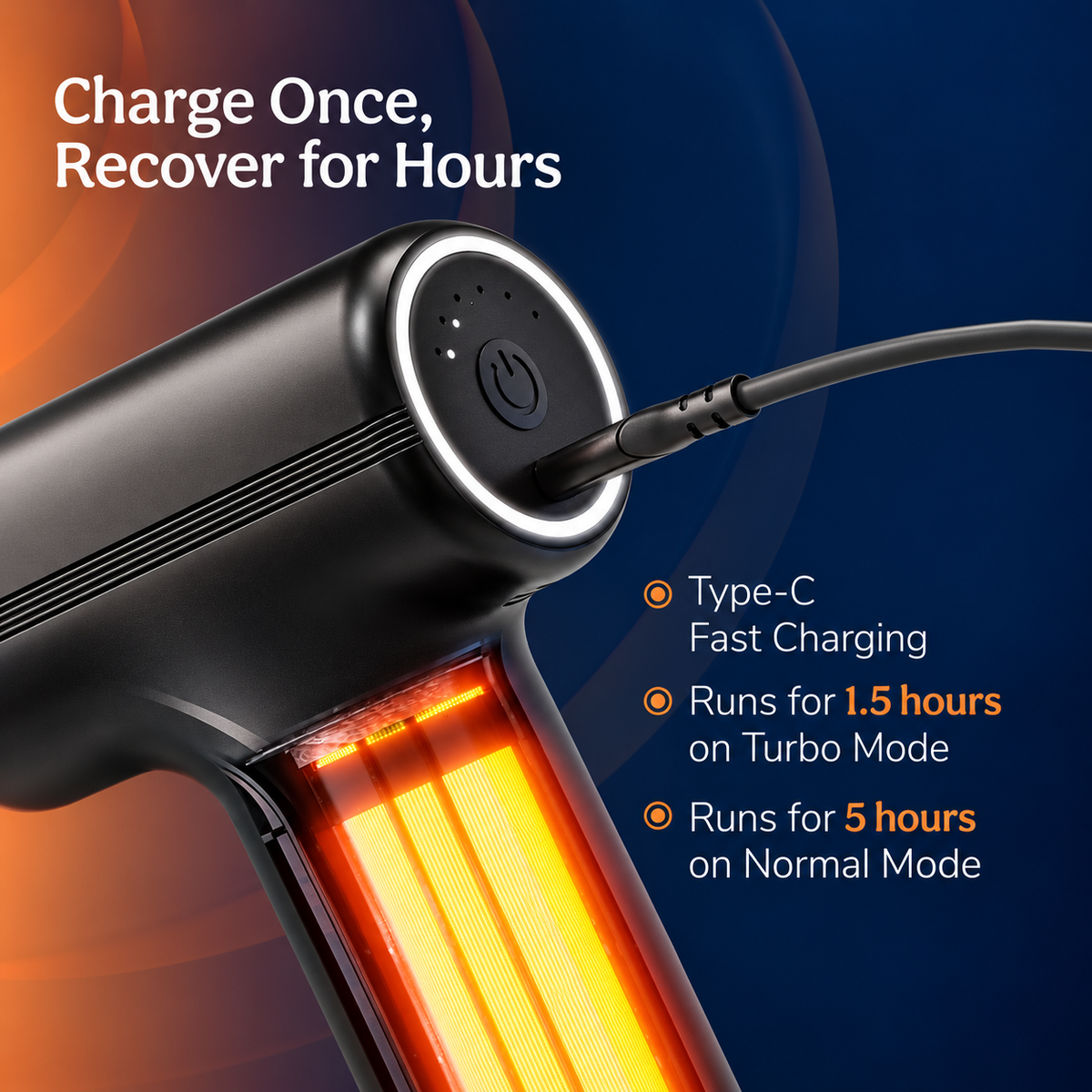 Charge Go Deep Tissue Massage Gun | 4 Massage Heads, 6 Speed Levels & Type-C Charging ZAVION