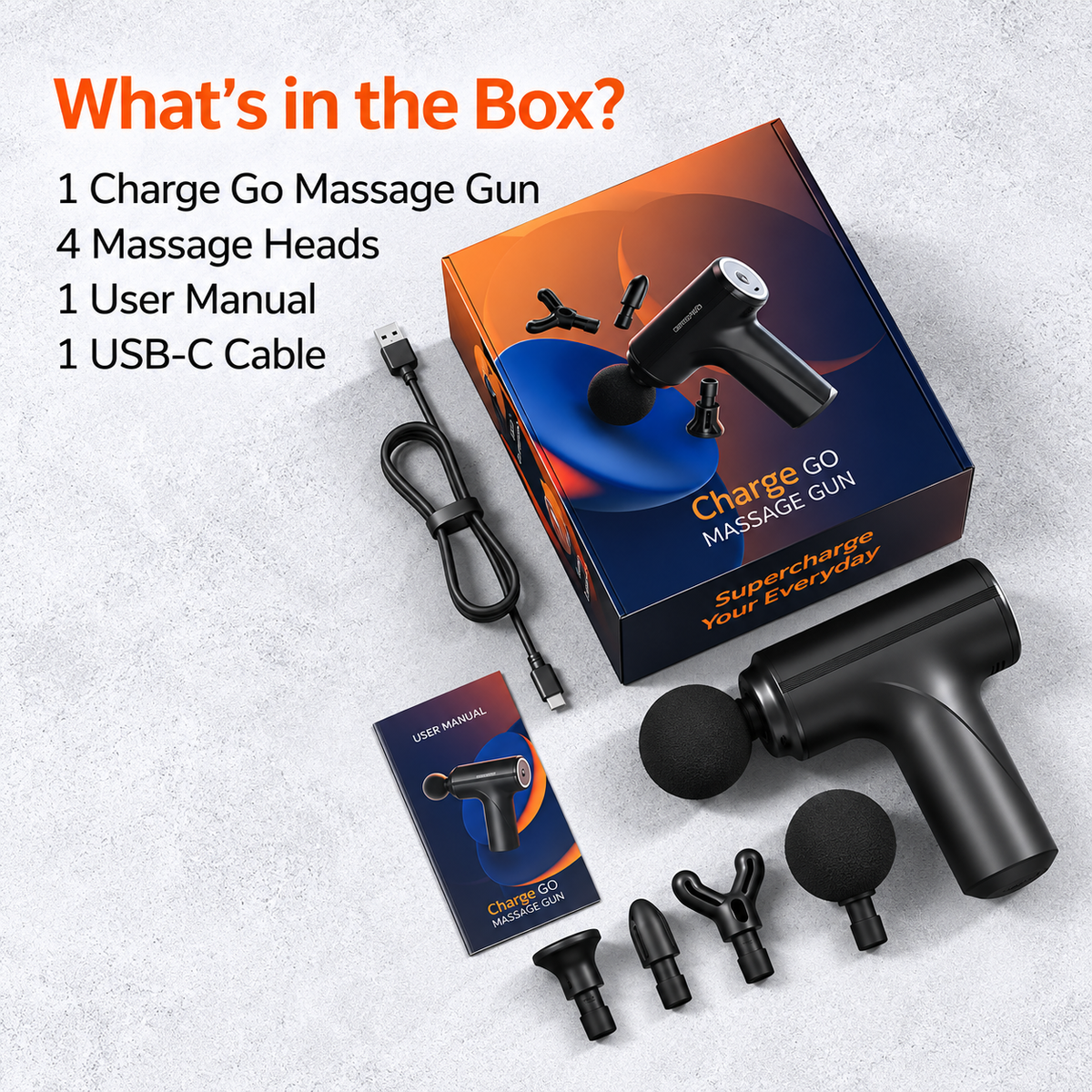 Charge Go Deep Tissue Massage Gun | 4 Massage Heads, 6 Speed Levels & Type-C Charging ZAVION